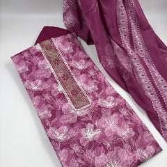 Morden Super Wine Pink Floral Printed Cotton Kurta Set with Embroidered Neck Panel & Dupatta