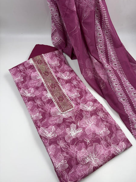 Morden Super Wine Pink Floral Printed Cotton Kurta Set with Embroidered Neck Panel & Dupatta