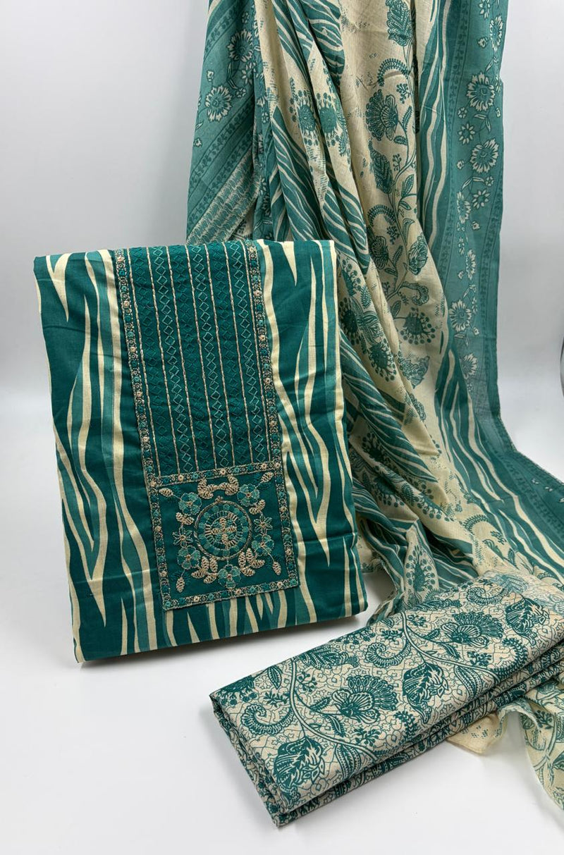 Morden Super Teal Printed Cotton Suit Set with Embroidered Kurta, Floral Dupatta & Bottom