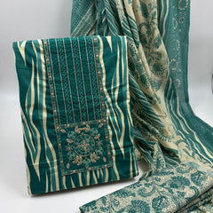 Morden Super Teal Printed Cotton Suit Set with Embroidered Kurta, Floral Dupatta & Bottom
