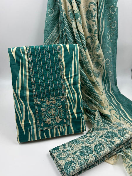 Morden Super Teal Printed Cotton Suit Set with Embroidered Kurta, Floral Dupatta & Bottom