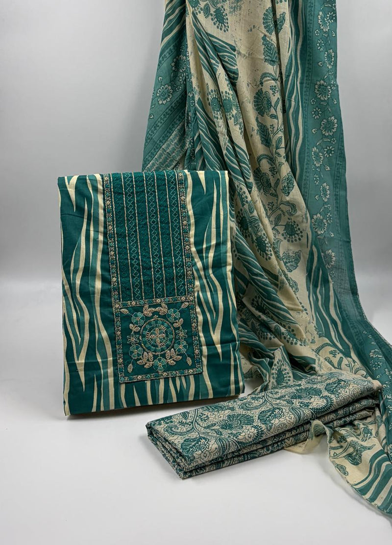 Morden Super Teal Printed Cotton Suit Set with Embroidered Kurta, Floral Dupatta & Bottom