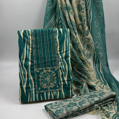 Morden Super Teal Printed Cotton Suit Set with Embroidered Kurta, Floral Dupatta & Bottom