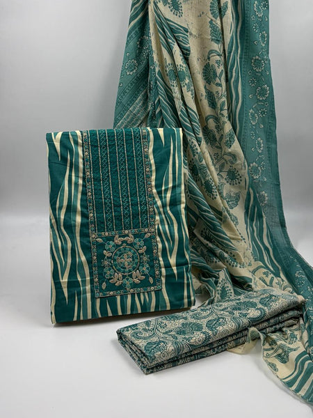 Morden Super Teal Printed Cotton Suit Set with Embroidered Kurta, Floral Dupatta & Bottom