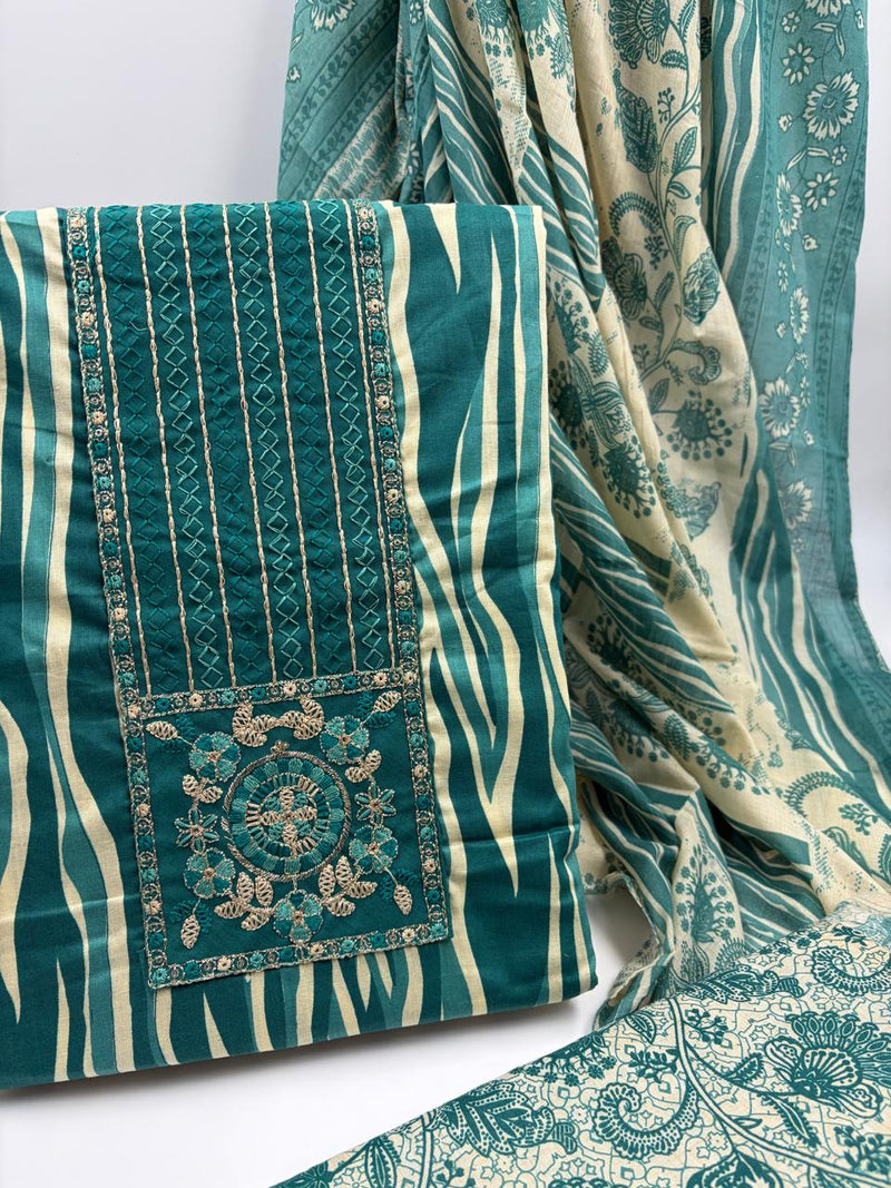 Morden Super Teal Printed Cotton Suit Set with Embroidered Kurta, Floral Dupatta & Bottom