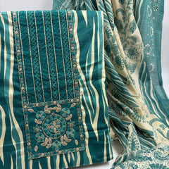 Morden Super Teal Printed Cotton Suit Set with Embroidered Kurta, Floral Dupatta & Bottom