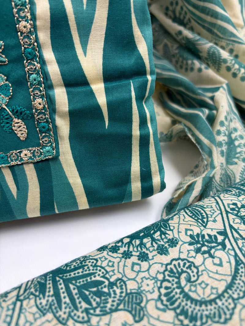 Morden Super Teal Printed Cotton Suit Set with Embroidered Kurta, Floral Dupatta & Bottom