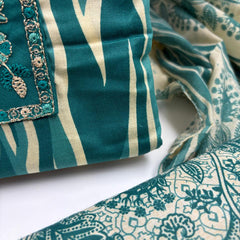Morden Super Teal Printed Cotton Suit Set with Embroidered Kurta, Floral Dupatta & Bottom