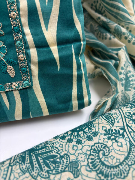 Morden Super Teal Printed Cotton Suit Set with Embroidered Kurta, Floral Dupatta & Bottom