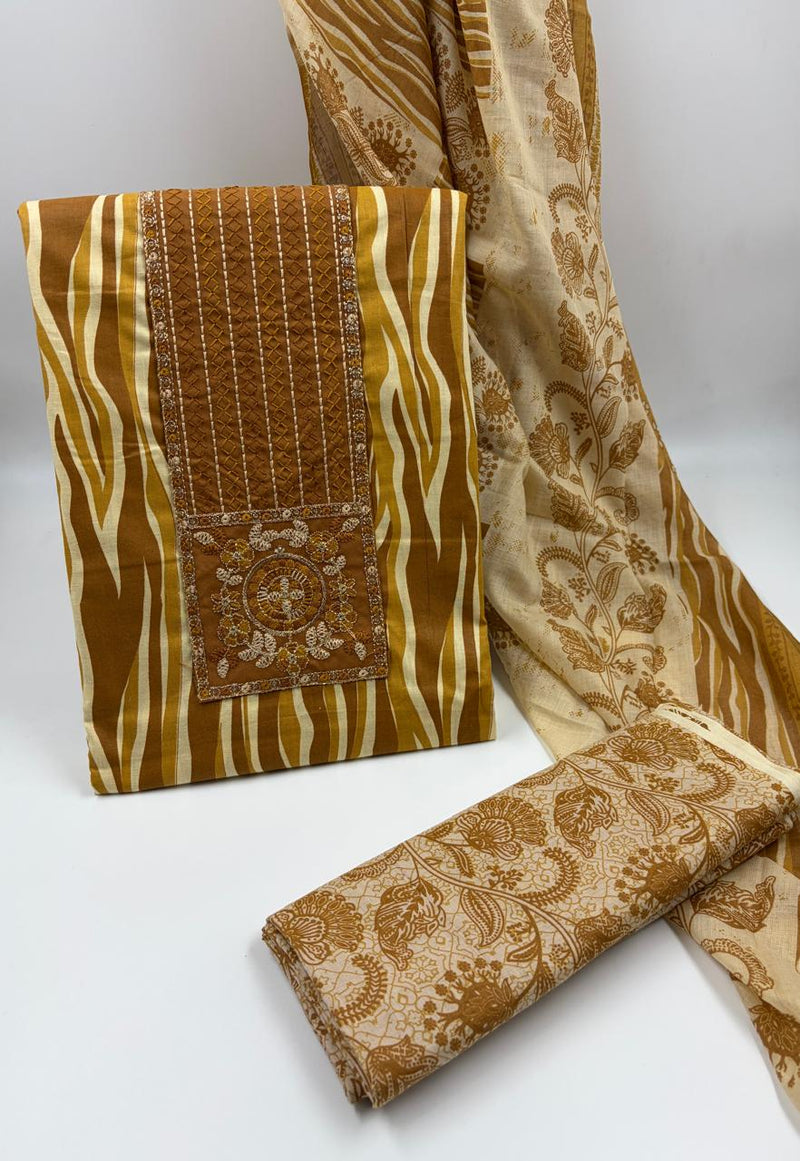 Morden Super Printed Suit Set with Embroidered Panel & Matching Dupatta