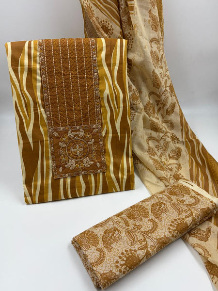 Morden Super Printed Suit Set with Embroidered Panel & Matching Dupatta