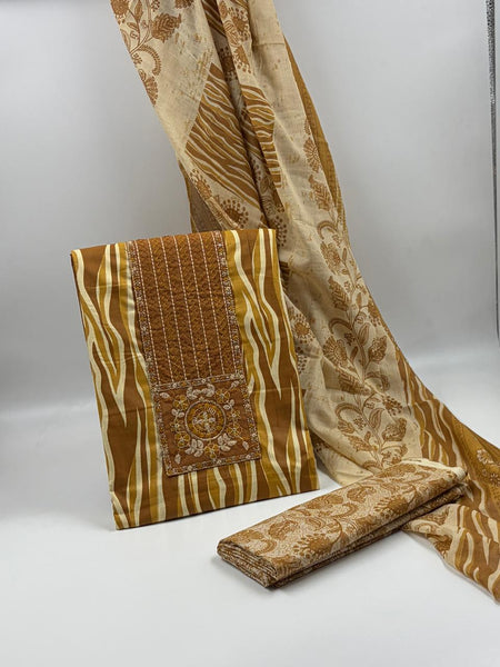 Morden Super Printed Suit Set with Embroidered Panel & Matching Dupatta