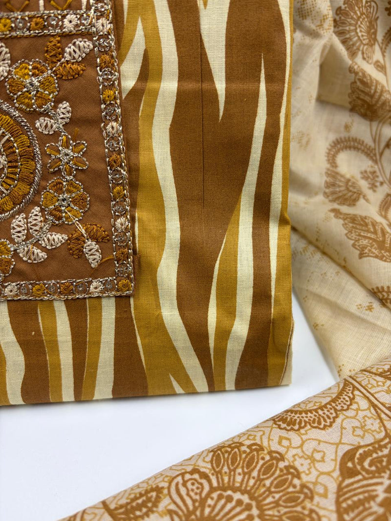Morden Super Printed Suit Set with Embroidered Panel & Matching Dupatta