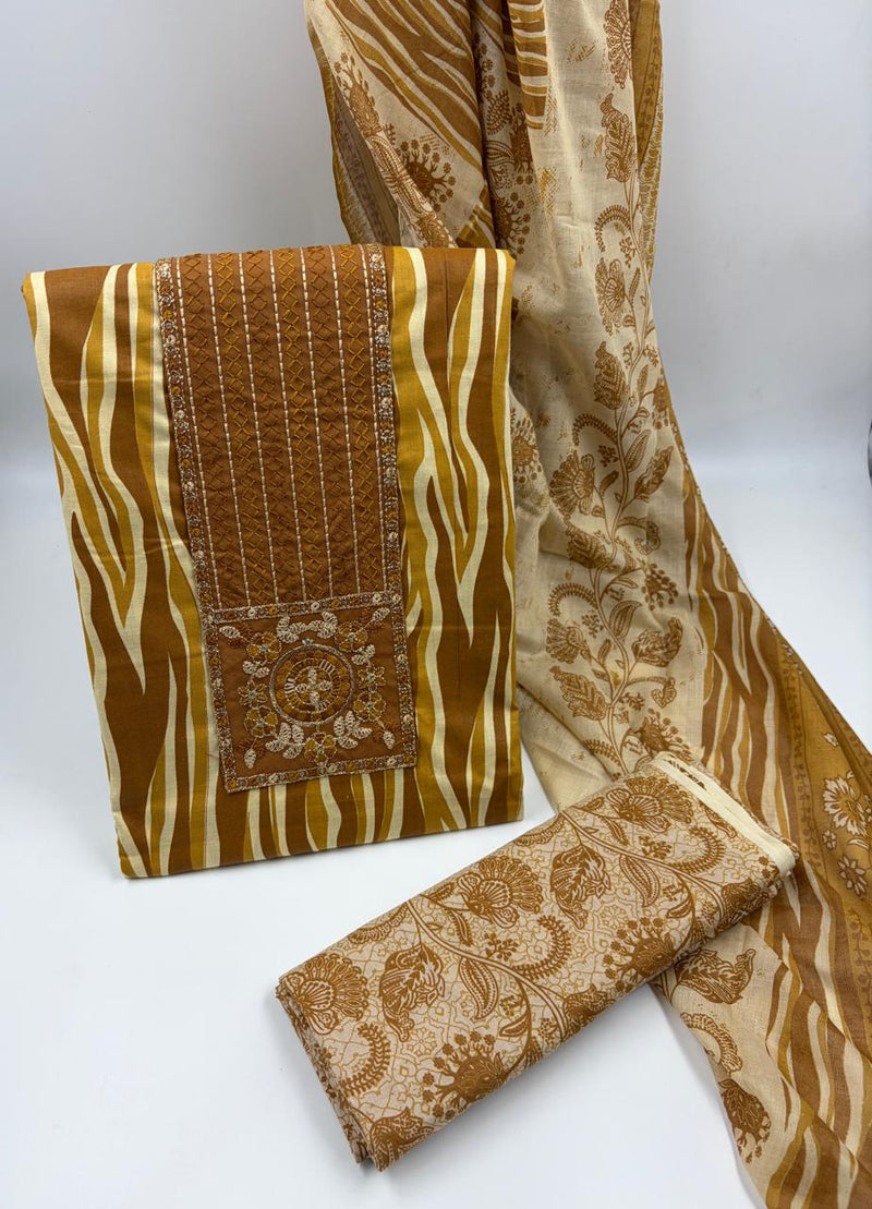 Morden Super Printed Suit Set with Embroidered Panel & Matching Dupatta
