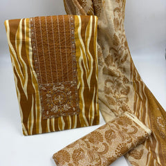 Morden Super Printed Suit Set with Embroidered Panel & Matching Dupatta