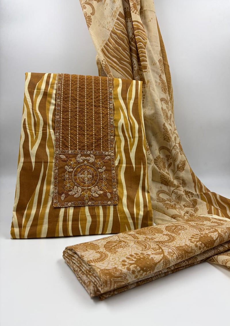 Morden Super Printed Suit Set with Embroidered Panel & Matching Dupatta