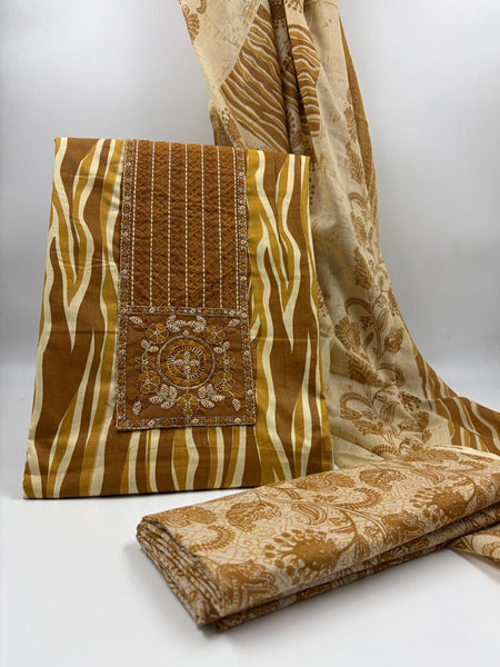Morden Super Printed Suit Set with Embroidered Panel & Matching Dupatta