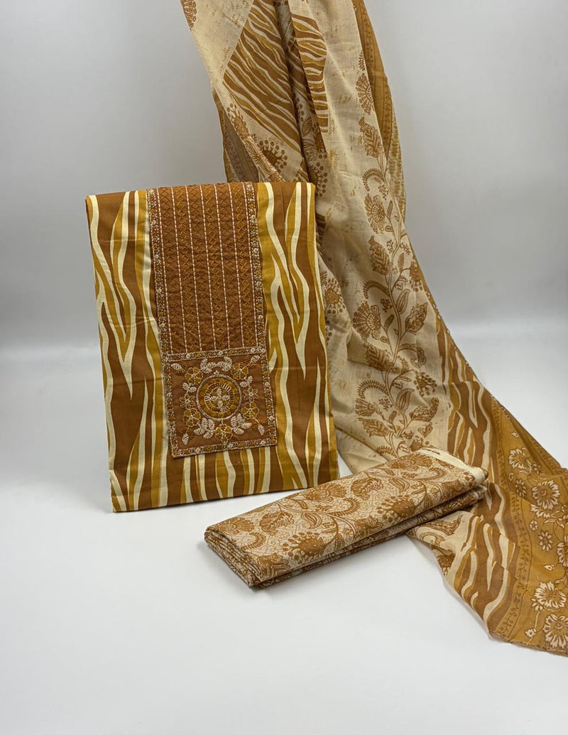 Morden Super Printed Suit Set with Embroidered Panel & Matching Dupatta