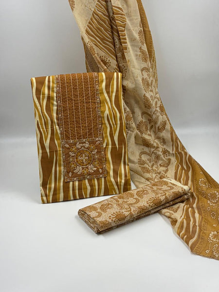 Morden Super Printed Suit Set with Embroidered Panel & Matching Dupatta