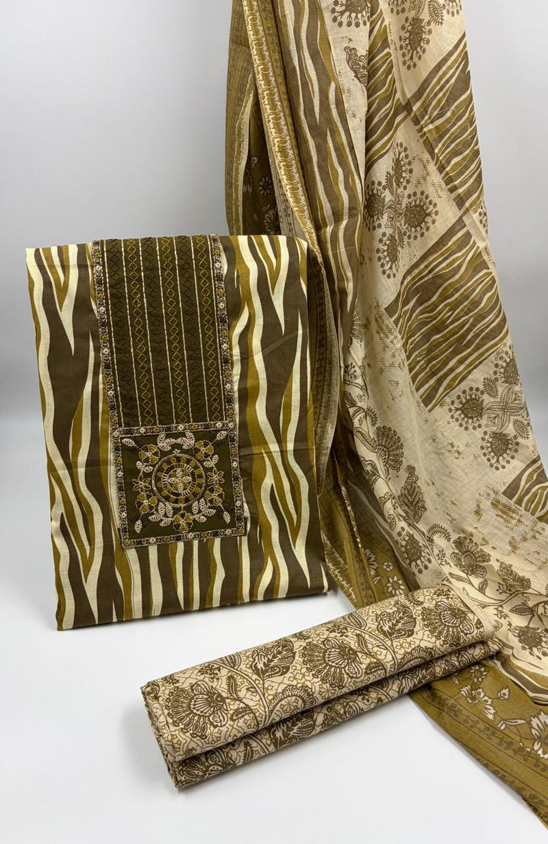 Morden Super Olive Green Printed Suit Set with Embroidered Panel & Designer Dupatta