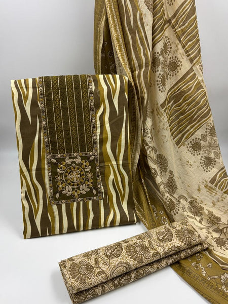 Morden Super Olive Green Printed Suit Set with Embroidered Panel & Designer Dupatta
