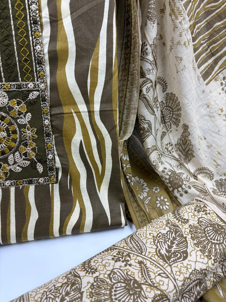 Morden Super Olive Green Printed Suit Set with Embroidered Panel & Designer Dupatta