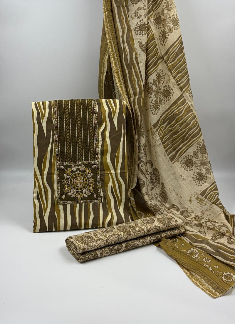 Morden Super Olive Green Printed Suit Set with Embroidered Panel & Designer Dupatta