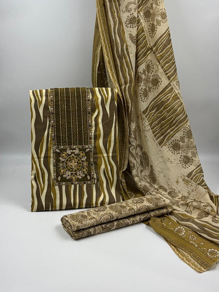 Morden Super Olive Green Printed Suit Set with Embroidered Panel & Designer Dupatta