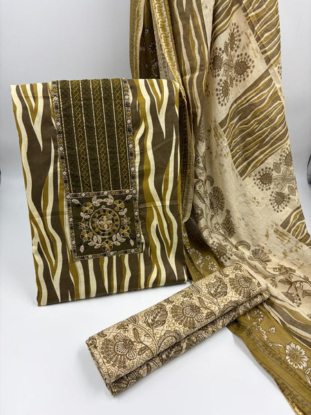 Morden Super Olive Green Printed Suit Set with Embroidered Panel & Designer Dupatta