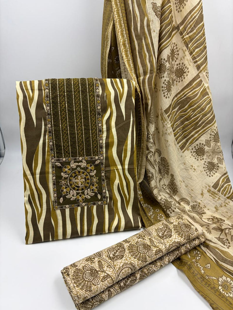 Morden Super Olive Green Printed Suit Set with Embroidered Panel & Designer Dupatta