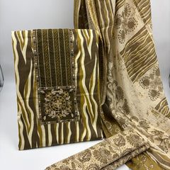 Morden Super Olive Green Printed Suit Set with Embroidered Panel & Designer Dupatta