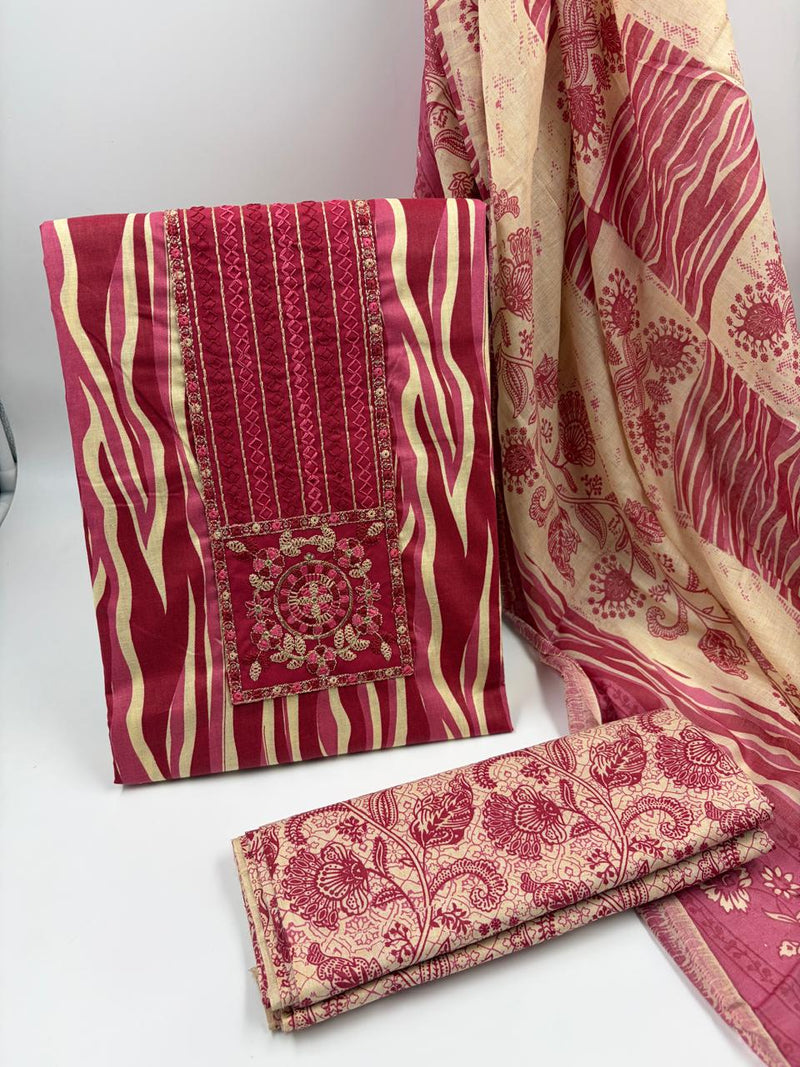 Morden Super Vibrant Red Printed Suit Set with Embroidered Panel & Elegant Dupatta