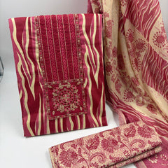 Morden Super Vibrant Red Printed Suit Set with Embroidered Panel & Elegant Dupatta