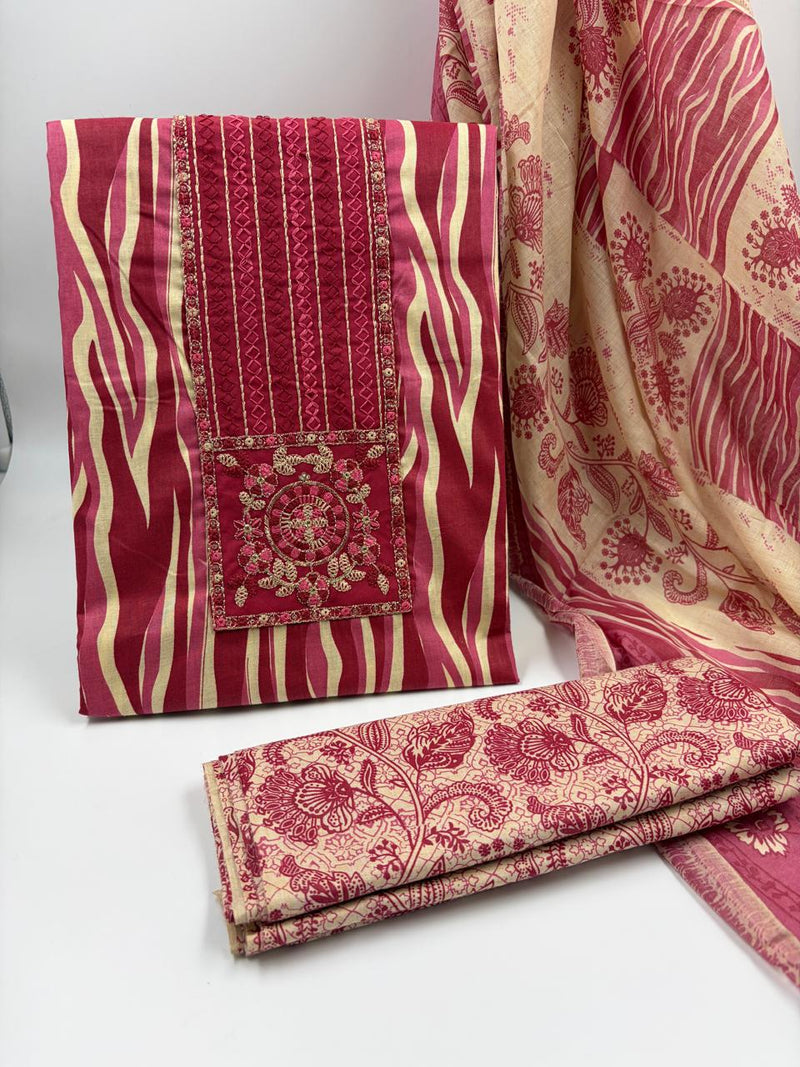 Morden Super Vibrant Red Printed Suit Set with Embroidered Panel & Elegant Dupatta