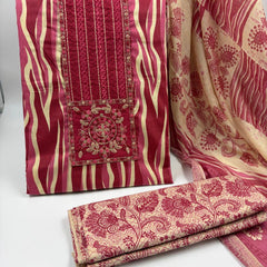 Morden Super Vibrant Red Printed Suit Set with Embroidered Panel & Elegant Dupatta
