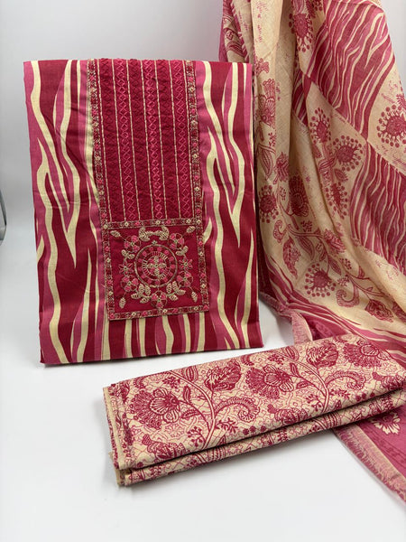 Morden Super Vibrant Red Printed Suit Set with Embroidered Panel & Elegant Dupatta