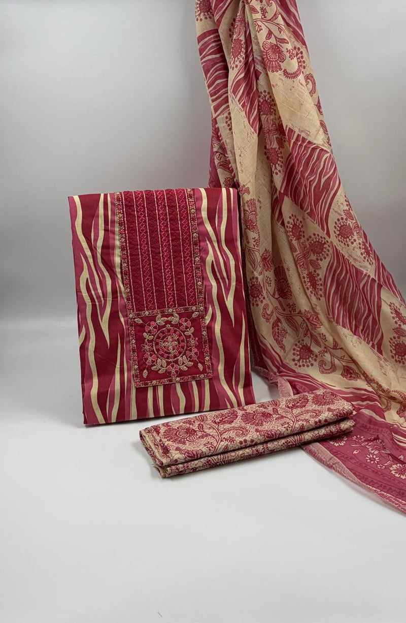 Morden Super Vibrant Red Printed Suit Set with Embroidered Panel & Elegant Dupatta