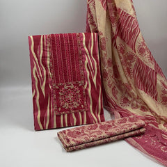 Morden Super Vibrant Red Printed Suit Set with Embroidered Panel & Elegant Dupatta