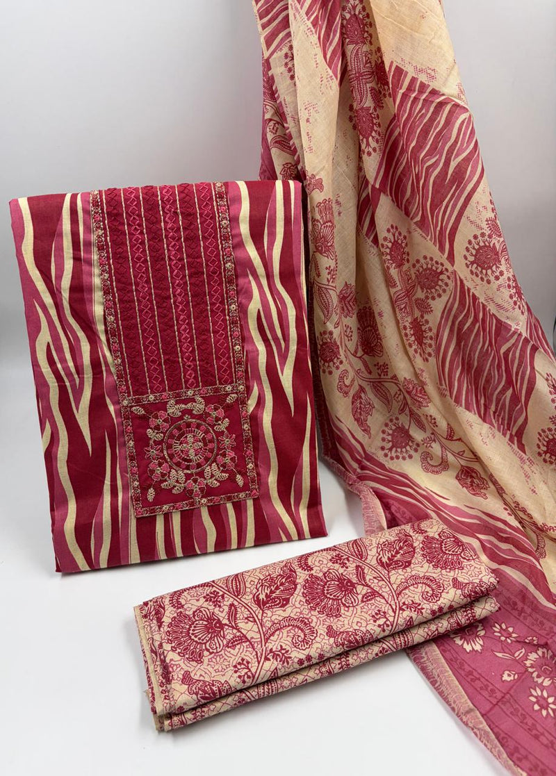 Morden Super Vibrant Red Printed Suit Set with Embroidered Panel & Elegant Dupatta