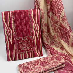 Morden Super Vibrant Red Printed Suit Set with Embroidered Panel & Elegant Dupatta