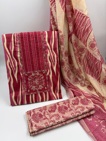 Morden Super Vibrant Red Printed Suit Set with Embroidered Panel & Elegant Dupatta
