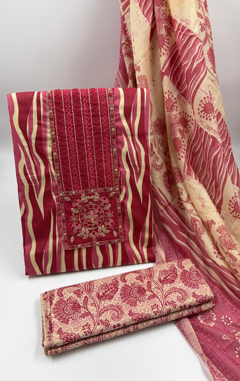 Morden Super Vibrant Red Printed Suit Set with Embroidered Panel & Elegant Dupatta