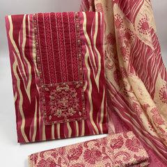 Morden Super Vibrant Red Printed Suit Set with Embroidered Panel & Elegant Dupatta