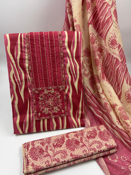 Morden Super Vibrant Red Printed Suit Set with Embroidered Panel & Elegant Dupatta