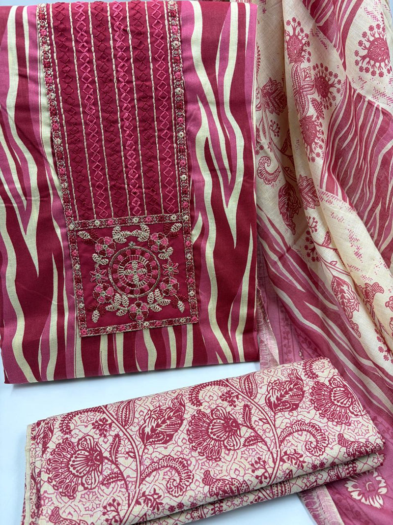 Morden Super Vibrant Red Printed Suit Set with Embroidered Panel & Elegant Dupatta