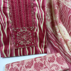 Morden Super Vibrant Red Printed Suit Set with Embroidered Panel & Elegant Dupatta