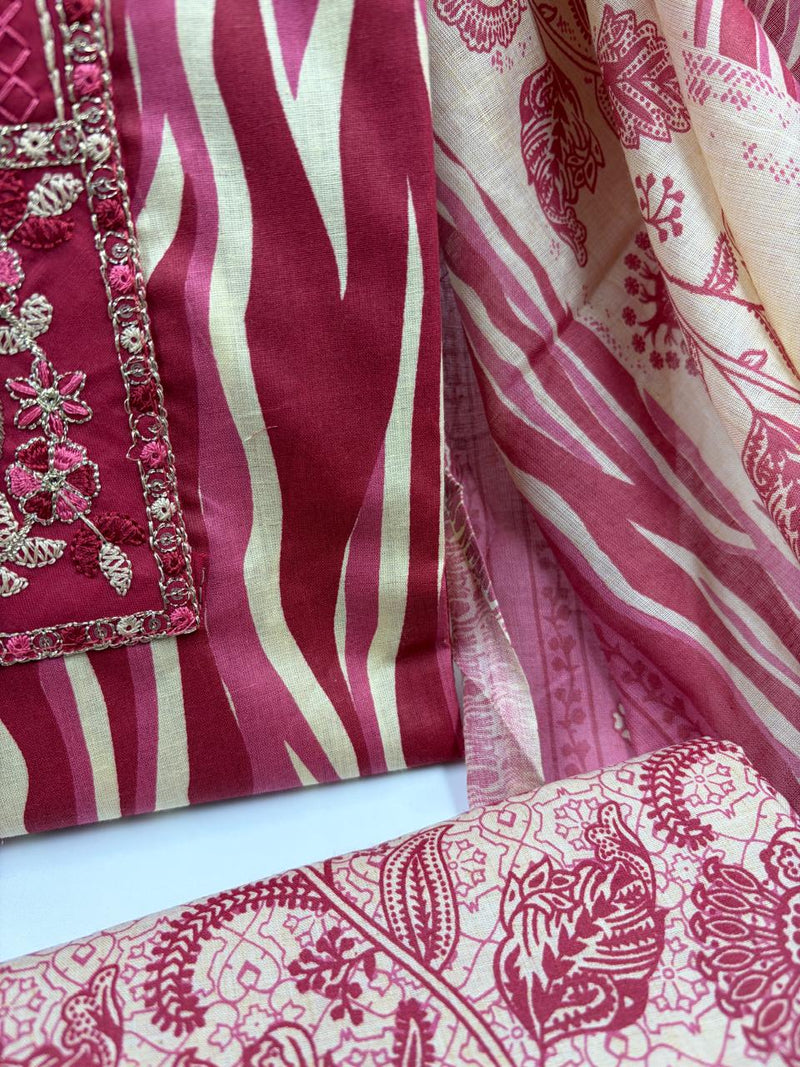 Morden Super Vibrant Red Printed Suit Set with Embroidered Panel & Elegant Dupatta