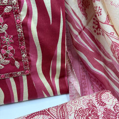 Morden Super Vibrant Red Printed Suit Set with Embroidered Panel & Elegant Dupatta
