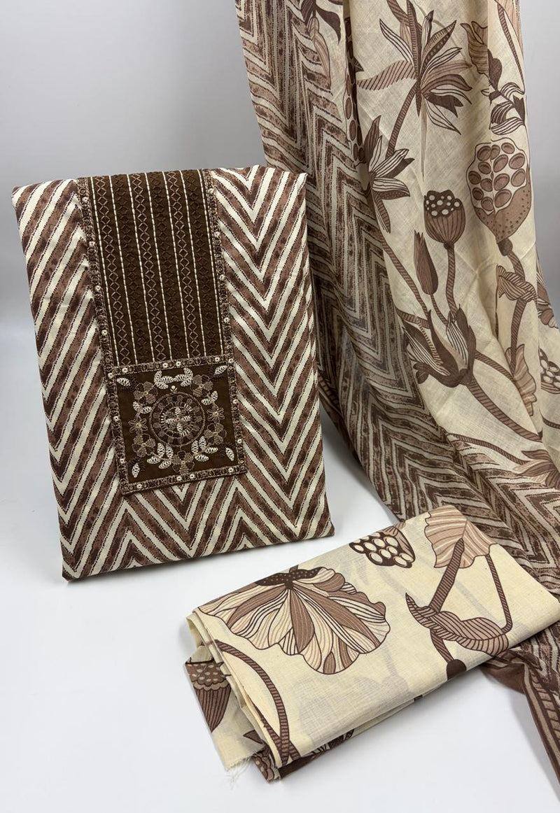 Morden Super Classic Brown Chevron Printed Suit Set with Embroidered Panel & Floral Dupatta