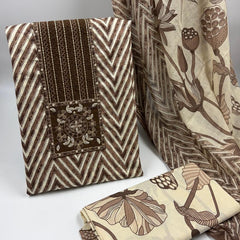 Morden Super Classic Brown Chevron Printed Suit Set with Embroidered Panel & Floral Dupatta